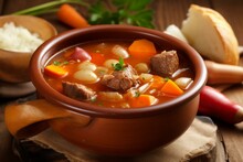 Hearty Meat And Vegetable Soups And Stews Seasoned With Paprika And Spices. Generative AI