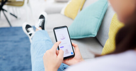 Aufkleber - Woman, hands and phone with online shopping, menu or mobile app with beauty or makeup product in home. Ecommerce, screen and customer scroll on sofa with website, catalog or decision in living room
