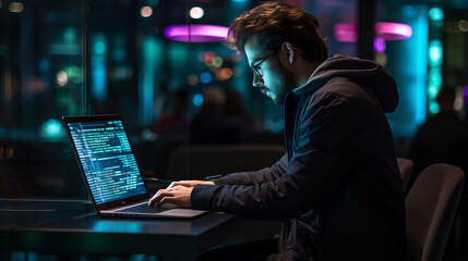 Male person, coder or developer working late in computer display in problem solving