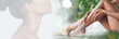 © aLListar/peopleimages.com - Beauty, legs in nature and double exposure with a model in studio on a banner for natural skincare or wellness. Hands, mockup space and a woman touching her smooth skin after treatment at the spa