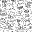 Cute cartoon dessert characters in black and white outline, vector pattern