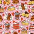 Cute cartoon dessert characters, vector pattern on pink background