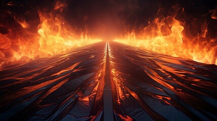 Abstract black background with wet long road on fire, blazing flames. Generation AI