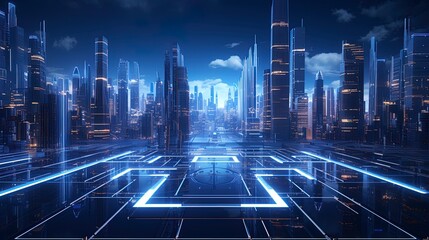 Abstract futuristic city background, virtual reality, cyber security, electronics, network, cryptography, quantum computer. Generation AI