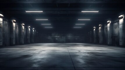 Empty dark underground tunnel, garage, corridor, warehouse with cement floor, asphalt, slab. LED lighting, neon lamps. Generation AI