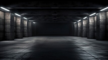 Wall Mural - Empty dark underground tunnel, garage, corridor, warehouse with cement floor, asphalt, slab. LED lighting, neon lamps. Generation AI