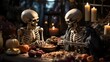 On all hallows' eve, a gathering of skeletons huddled around a table illuminated by candlelight, feasting on a macabre feast of skulls and seasonal fruits