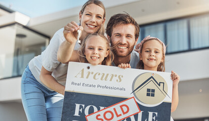 Sticker - Family, portrait and children with keys for real estate success, new home and moving in neighborhood. Mother, father and girl kids with sold board or sign for property investment and outdoor house