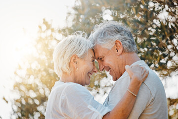 Sticker - Senior couple, forehead or hug in nature garden for love, support or bonding retirement trust. Woman smile, lens flare or elderly man in embrace for relationship, connection and together in backyard