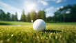 Close-up of a golf ball on the grass.