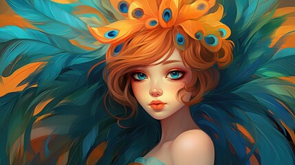 Wall Mural - Portrait of a woman with peacock feather hair in the colorful abstract woods forest background. Digital art painting graphic design.