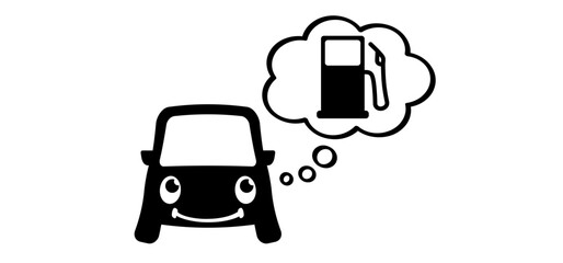 Comic, cartoon car with eyes, thinking about fuel or filling gas station. For car fill location. Automobile mascot, emoticon for garage and service motorcar logo. smiling cars face, unhappy faces.