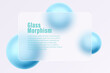 Horizontal glass translucent banner with levitating balls and spheres. Abstract glass morphism background.