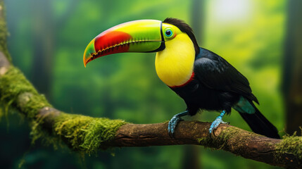 Keel-billed Toucan, Ramphastos sulfuratus, bird with big bill sitting on the branch in the forest. Nature travel in central America.