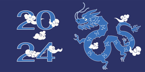 Chinese New Year 2024, the year of the Dragon, red and gold line art characters, simple hand-drawn Asian elements with craft (Chinese translation: Happy Chinese New Year 2024, year of the Dragon)