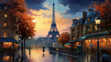 Fototapeta Paryż - Scenic view of shopping street in Paris with Eiffel tower in background during sunrise in landscape comic style. Digital illustration generative AI.