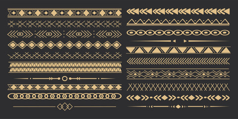 Wall Mural - Set tribal golden ethnic arrow dividers, native indian bow boho in doodle style isolated on dark background. Collection borders, decoration elements