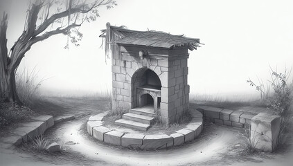 Wall Mural - Black and white light pencil sketch illustration of spooky abandoned old stone well - AI Generative