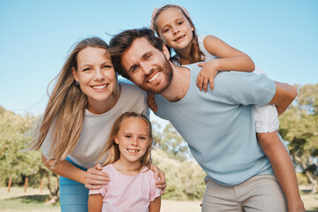 Wall Mural - Nature portrait, smile and family children, mother and father enjoy time together, green park or relax wellness. Freedom, summer sunshine or outdoor happy mama, papa and kids bond, care and piggyback