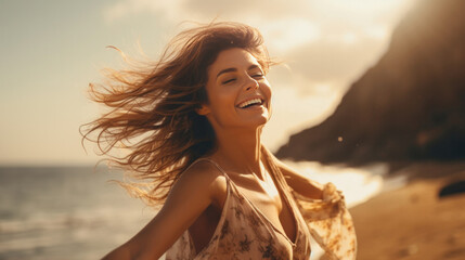 Wall Mural - Portrait of a young woman at the beach enjoying free time and freedom outdoors