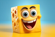 Cute And Funny Piece Of Cheese Jumping For Joy, For Kids Restaurant Menu, Fast Food Banner, Isolated On Blurred Yellow And Blue Background.