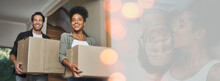 Walking, mockup or happy couple with boxes in new home for investment, property or real estate. Interracial, bokeh or excited man with a biracial woman in a house with loan success, goal or security