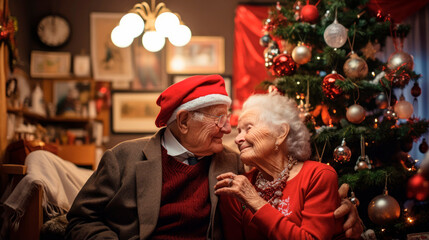 Wall Mural - Holiday Memories Together: Capturing the Radiant Smiles of an Elderly Couple as They Celebrate Christmas by Their Tree, Demonstrating the Joys of Aging in Love
