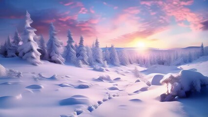 Wall Mural - Snowy winter covered pine trees at sunrise, Stunning Scenic World Landscape, Generative AI