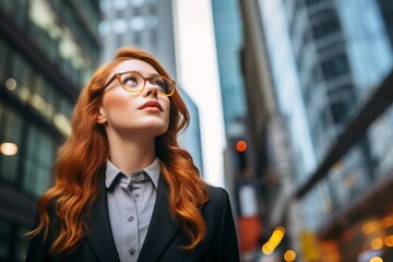 Wall Mural - Portrait of beautiful young ginger businesswoman outdoor over blurred street background