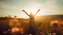 Happy And Joyful Woman Raising Arms In A Rural Field. Woman Praising Or Worship In Sunset