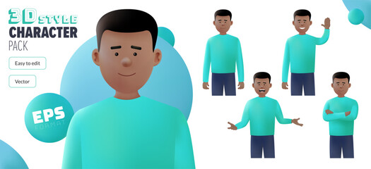 Wall Mural - Editable 3D EPS black male vector character in a set of multiple poses. Fully editable and isolated on a white background. Modern trendy style 3D character pack. Created with the mesh tool 3D effect.