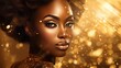 Fictitious AI Generated African American woman in gold on golden sparkling background, girl in golden dress. Luxury and premium photography for advertising product design.