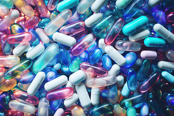 Wall Mural - Background with pills and capsules in neon blue and purple colors. Medical drug or dietary supplement concept.