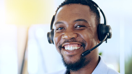 Canvas Print - Portrait, call center and happy black man in telemarketing, support and help desk in office. Customer service, sales agent and face of African consultant, business professional and smile in Nigeria