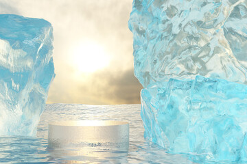 Wall Mural - 3d render winter platform and natural podium background, Ice podium and ice Rock cliff on the ocean for product display, advertising, mockup, showcase or etc
