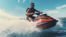 Man Riding A Jet Ski On A Sunny Summer Day In The Open Sea And Drive Through The Waves Quickly Wear A Life Jacket For Safety. Holiday Happiness Beautiful Sea Scenery. Generative AI