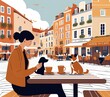 illustration of a person sipping coffee at an outdoor café in a charming European-style city square, with their small dog sitting on the table