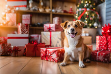 Cute And Adorable Young Baby Dog, Puppy With Christmas Gifts