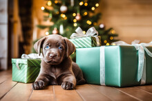 Cute And Adorable Young Baby Dog, Puppy With Christmas Gifts