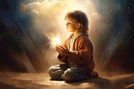 Child kneeling in prayer to god