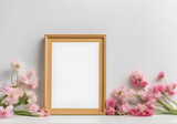 Fototapeta  - Mockup of picture frame decorated with spring flowers clean space for text on white background. Generative AI