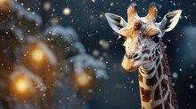 Close-up Portrait Of Giraffe Head. New Year Animal Concept Or Christmas Winter Holidays. Holidays Are Coming. Funny Animal On Outdoor Winter Background With Snow.
