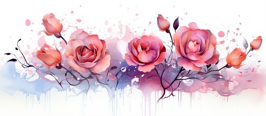 Canvas Print - Abstract watercolor and acrylic brushstroke smears create a colorful background for a bouquet of rose flowers