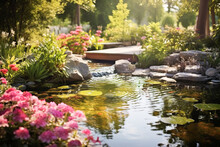 Beautiful Landscape Design For Backyard Garden Pond Background. Artificial Pond  With Water-lily On The Home Plot. Generative AI