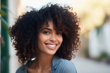 Wall Mural - Generative AI picture of beautiful young woman afro volume hair style in the street sunny day