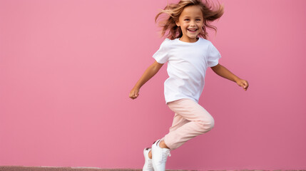child smiling girl 4-5 years old close-up in a white t-shirt without a pattern on the background of 