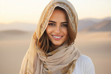 Poster - Beautiful arabic woman wearing veil in sandy desert Generative Ai illustration