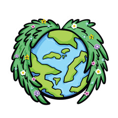 Earth day. Blue and green planet with green tree leaves wings and colorful flowers on top of it vector illustration isolated on square white background. Simple flat cartoon art styled drawing.