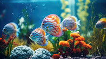 Aquarium Fish Discus Swim Among Algae And Stones, Corrals And Underwater Plants In An Aquarium