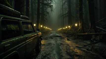 A car driving into a muddy forest with a suspiciously lit road.